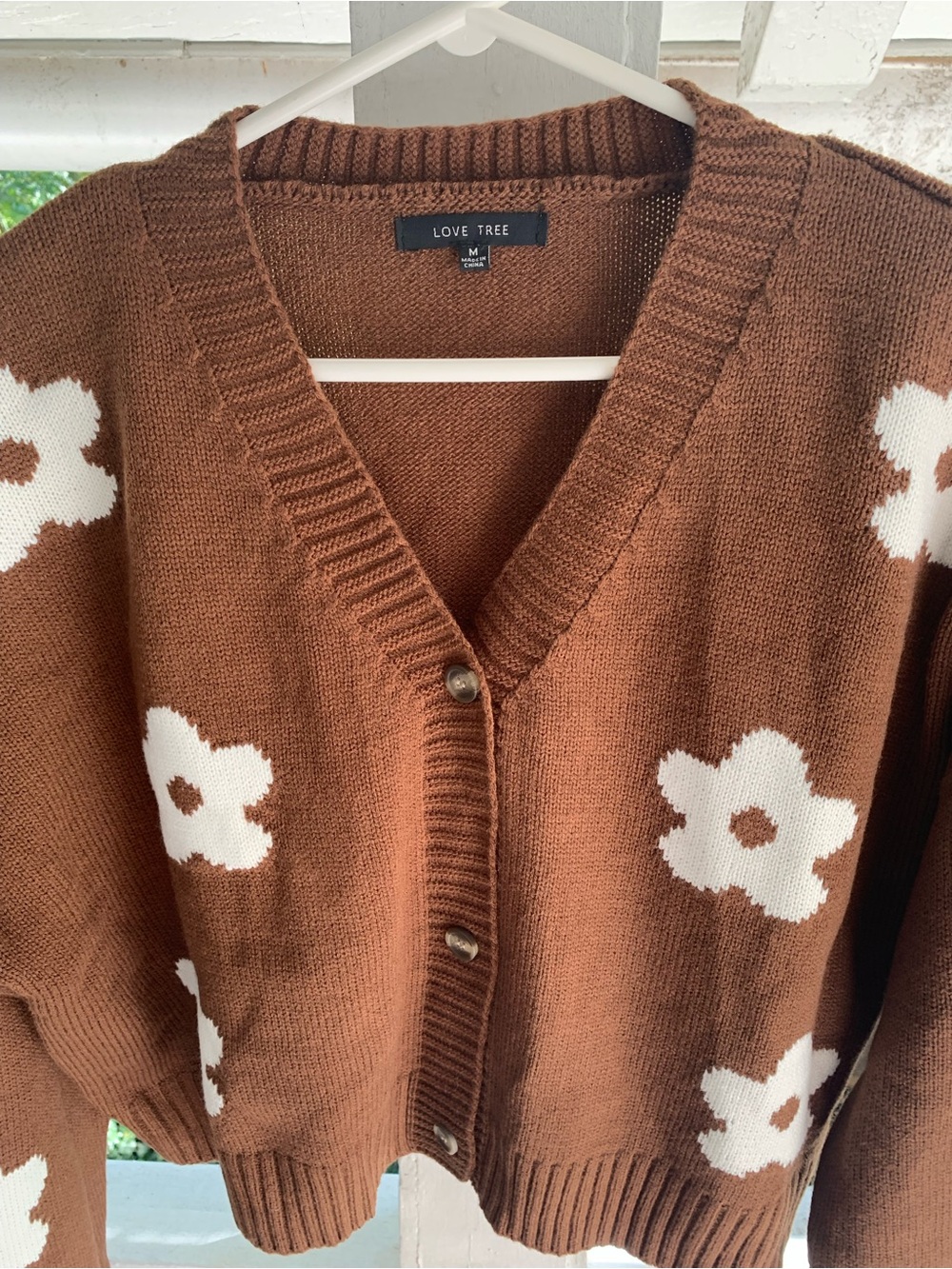 Love Tree Brown Cropped Floral Button Cardigan with Cream Flowers - Picture 9 of 12